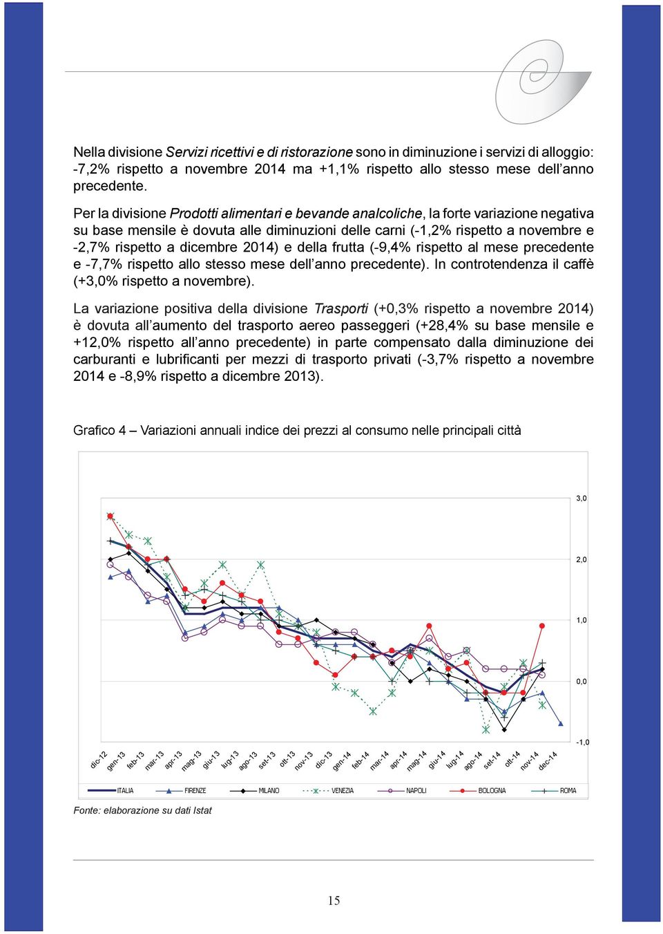 2014) e della frutta (-9,4% rispetto al mese precedente e -7,7% rispetto allo stesso mese dell anno precedente). In controtendenza il caffè (+3,0% rispetto a novembre).