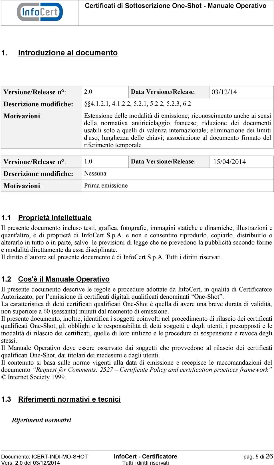 eliminazione dei limiti d'uso; lunghezza delle chiavi; associazione al documento firmato del riferimento temporale Versione/Release n : 1.