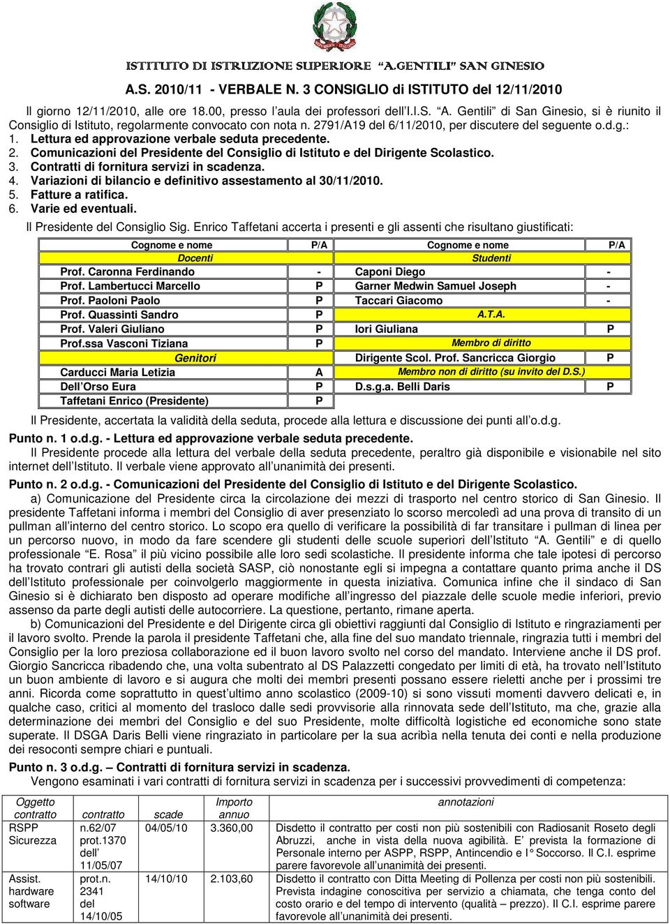 Contratti di fornitura servizi in scadenza. 4. Variazioni di bilancio e definitivo assestamento al 30/11/2010. 5. Fatture a ratifica. 6. Varie ed eventuali. Il Presidente Consiglio Sig.