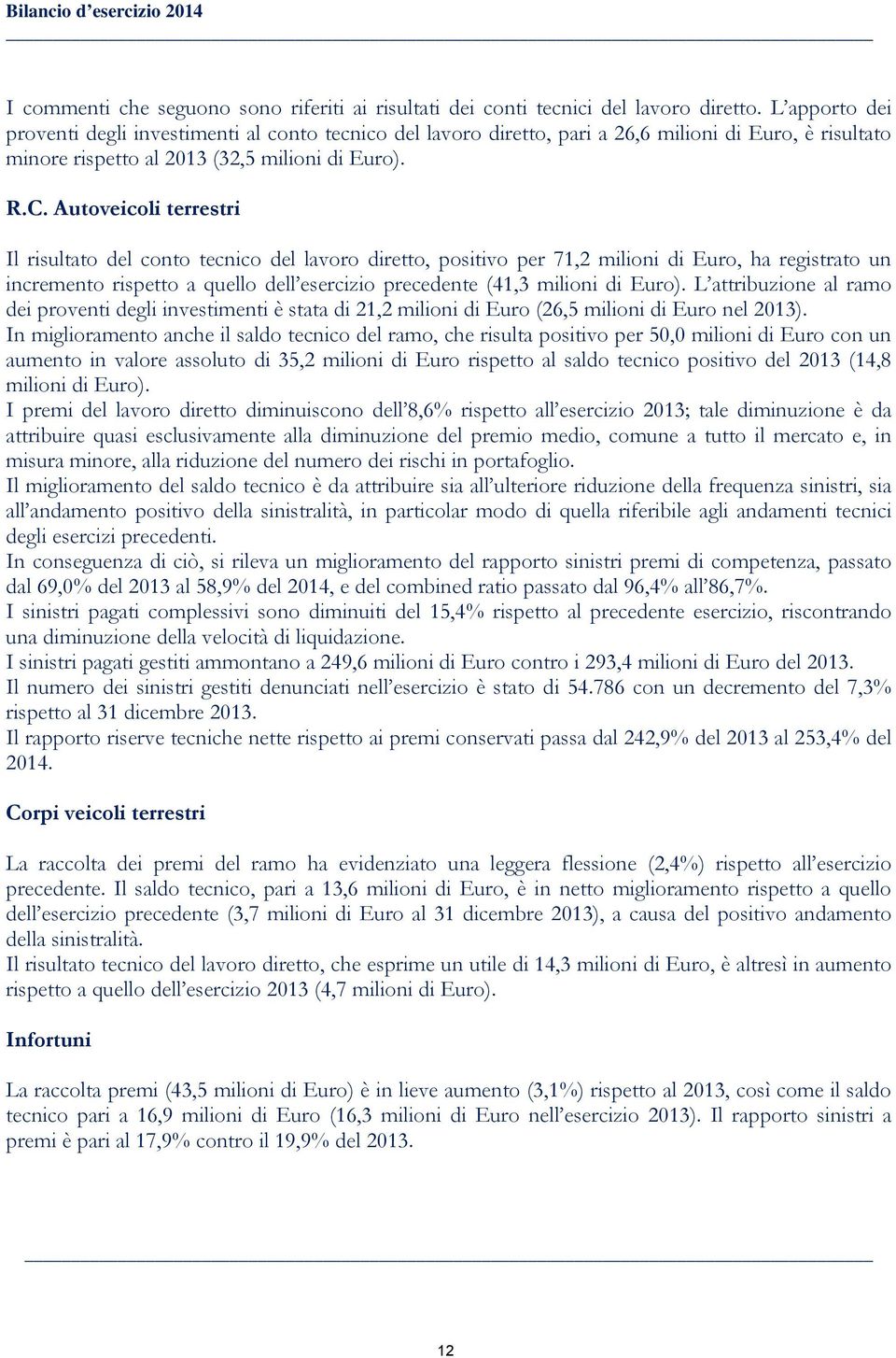 Autoveicoli terrestri Il risultato del conto tecnico del lavoro diretto, positivo per 71,2 milioni di Euro, ha registrato un incremento rispetto a quello dell esercizio precedente (41,3 milioni di