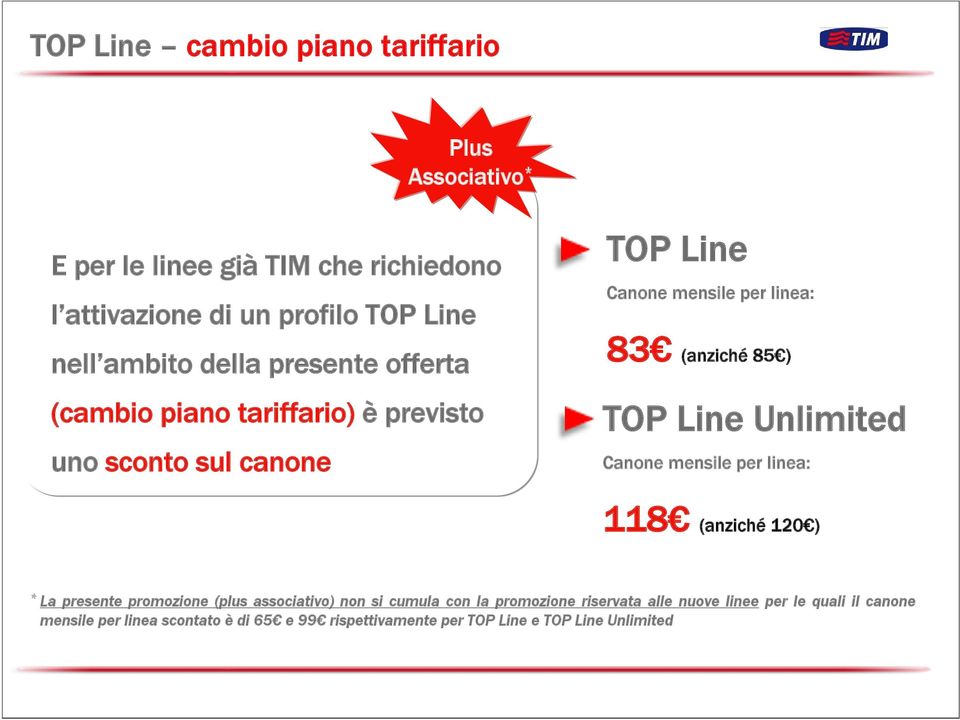 85 ) TOP Line Unlimited Canone mensile per linea: 118 (anziché 120 ) * La presente promozione (plus associativo) non si cumula con la