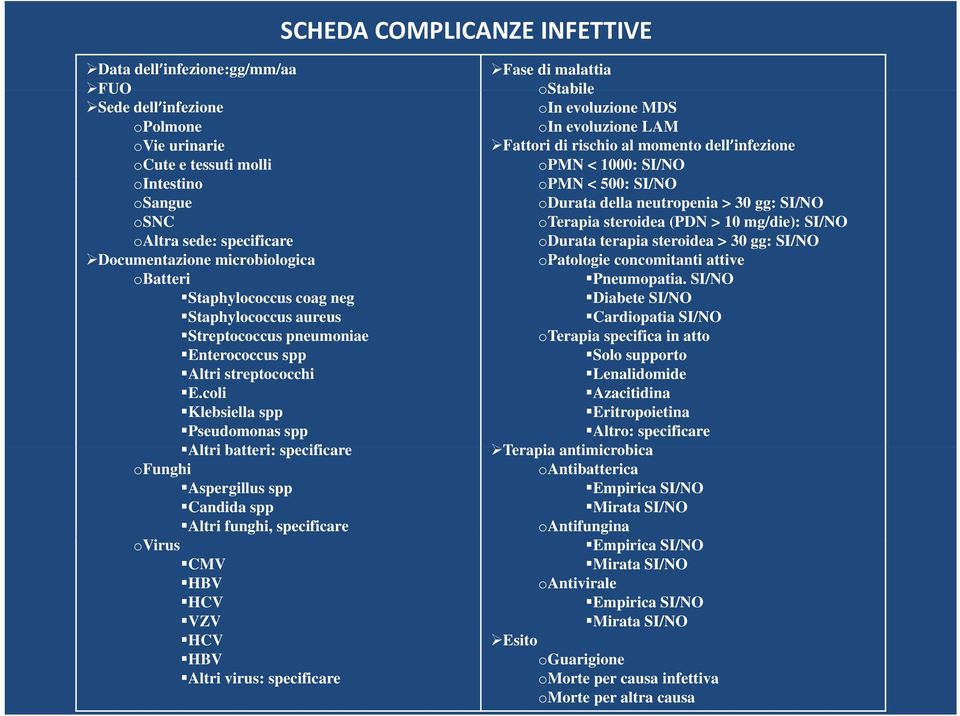 coli Klebsiella spp Pseudomonas spp Altri i batteri: specificare ofunghi Aspergillus spp Candida spp Altri funghi, specificare ovirus CMV HBV HCV VZV HCV HBV Altri virus: specificare Fase di malattia