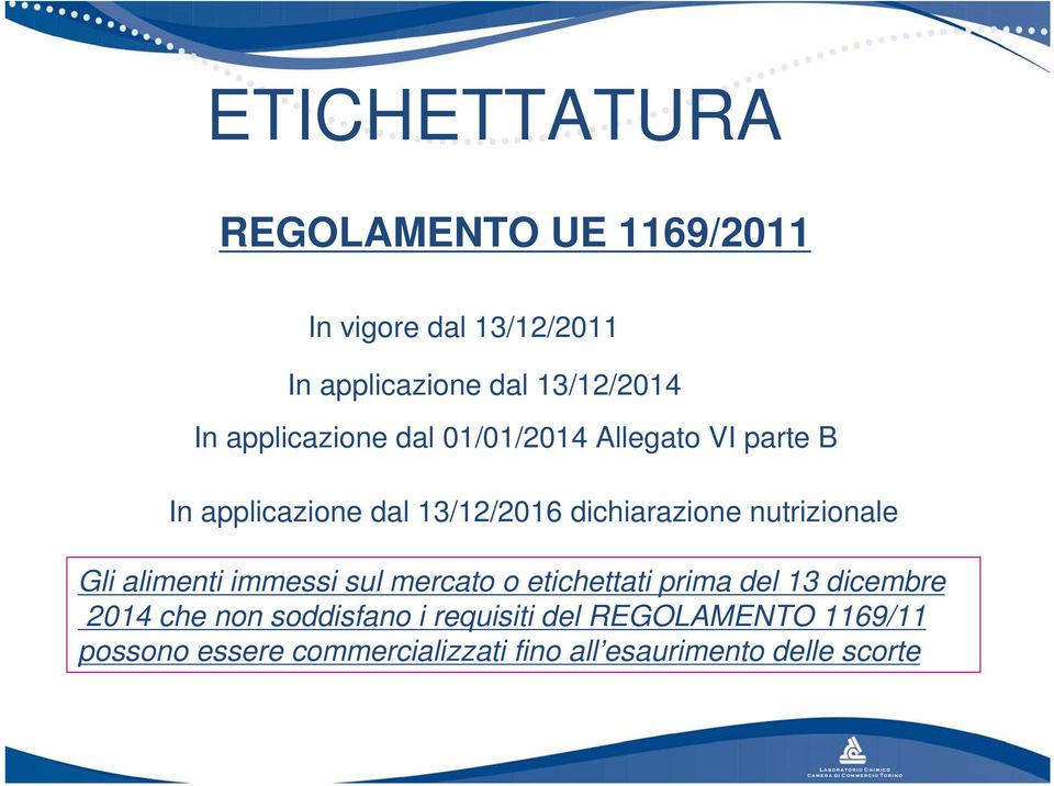 nutrizionale Gli alimenti immessi sul mercato o etichettati prima del 13 dicembre 2014 che non