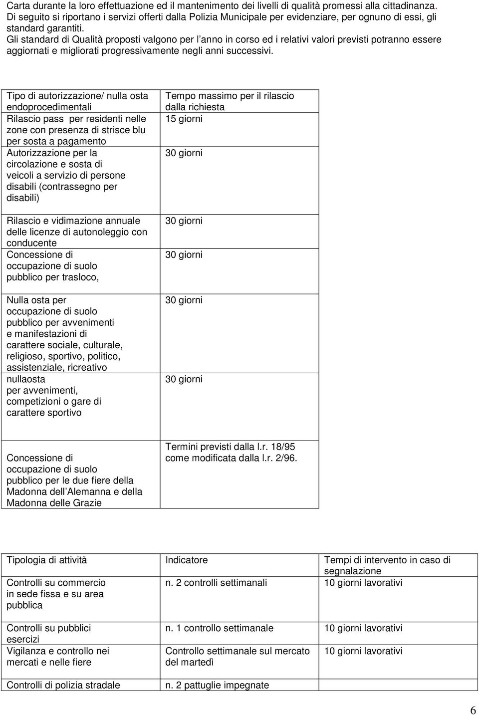 Gli standard di Qualità proposti valgono per l anno in corso ed i relativi valori previsti potranno essere aggiornati e migliorati progressivamente negli anni successivi.