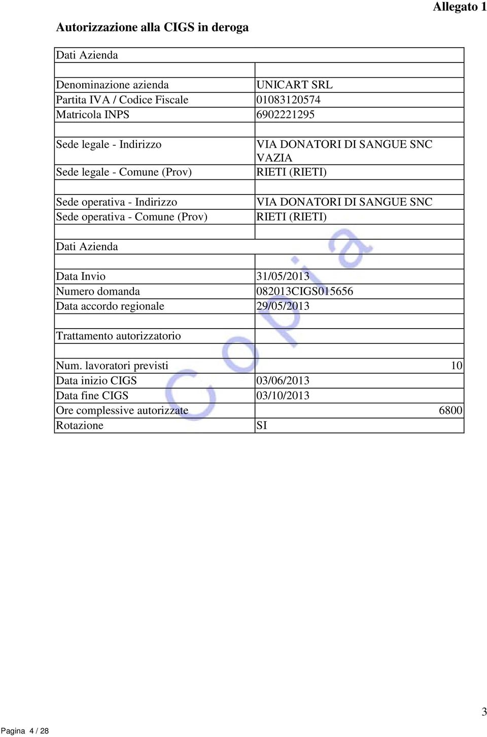 (RIETI) VIA DONATORI DI SANGUE SNC RIETI (RIETI) 082013CIGS015656 Data accordo regionale 29/05/2013 Num.