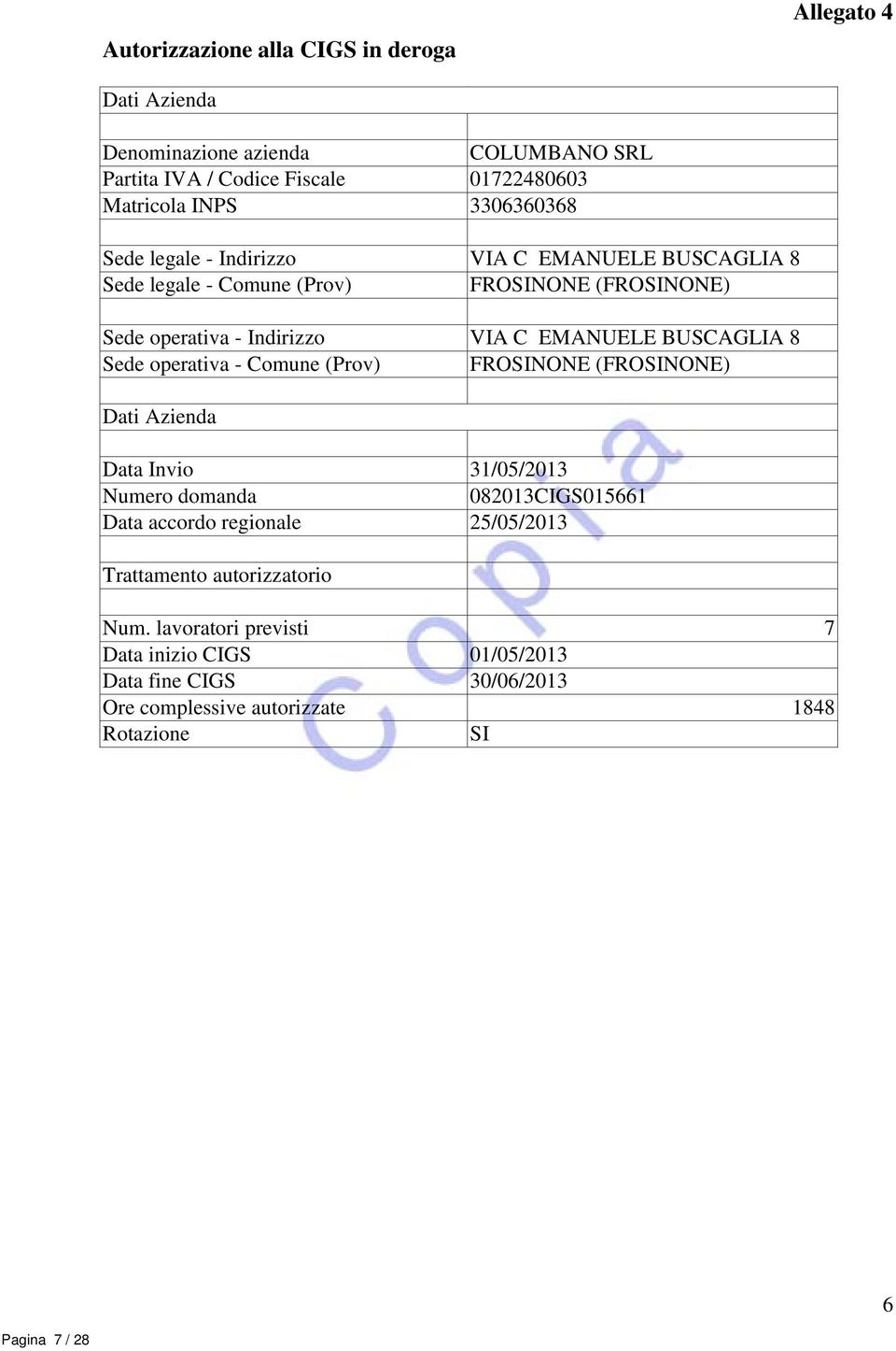 EMANUELE BUSCAGLIA 8 Sede operativa - Comune (Prov) FROSINE (FROSINE) 082013CIGS015661 Data