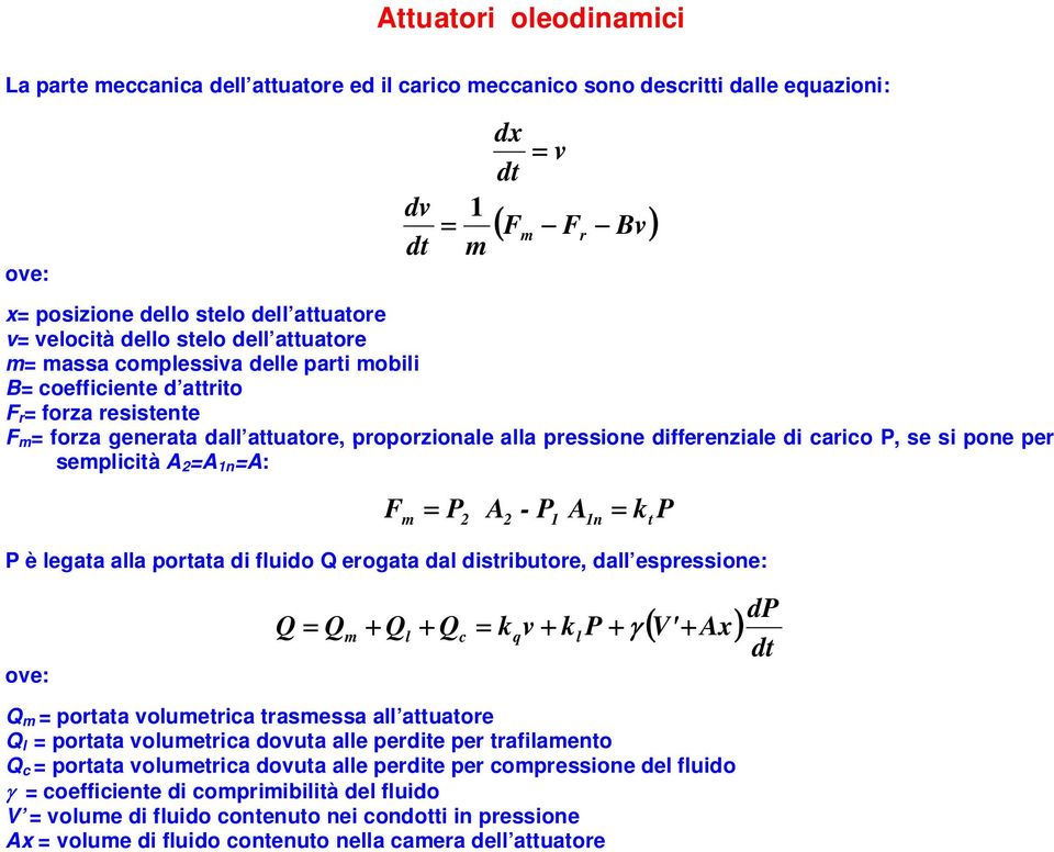 P, sesiponepersi per semplicità A 2 =A 1n =A: Fm = P2 A2 - P1 A1n = k P è legata alla portata di fluido Q erogata dal distributore, dall espressione: t P Q = Qm + Ql + Qc = kqv + kl P + γ + dp ( V'