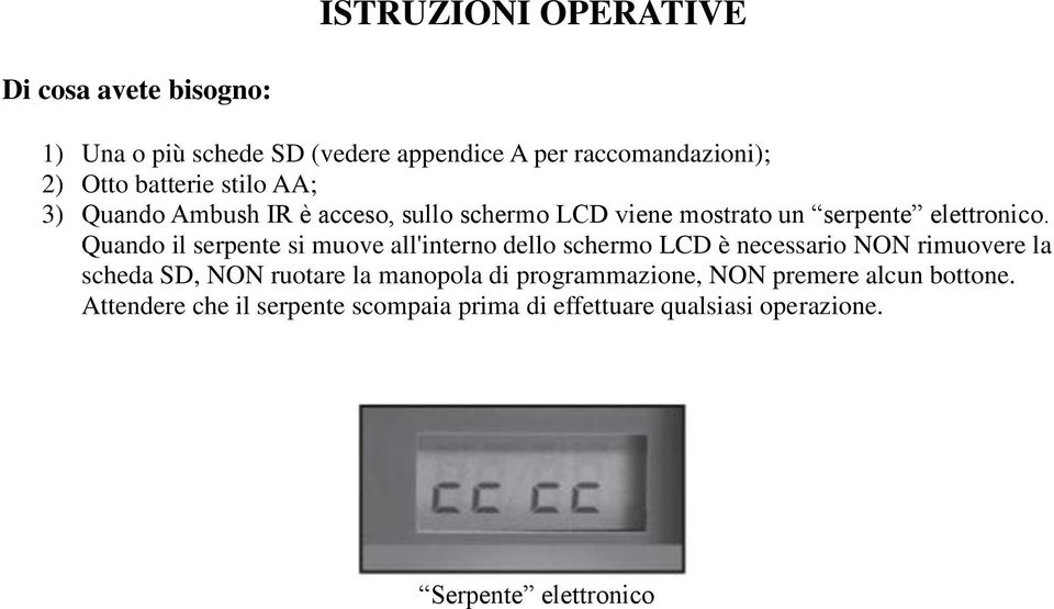 Quando il serpente si muove all'interno dello schermo LCD è necessario NON rimuovere la scheda SD, NON ruotare la manopola