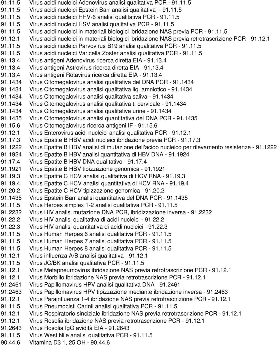 1 Virus acidi nucleici in materiali biologici ibridazione NAS previa retrotrascrizione PCR - 91.12.1 91.11.5 Virus acidi nucleici Parvovirus B19 analisi qualitativa PCR - 91.11.5 91.11.5 Virus acidi nucleici Varicella Zoster analisi qualitativa PCR - 91.