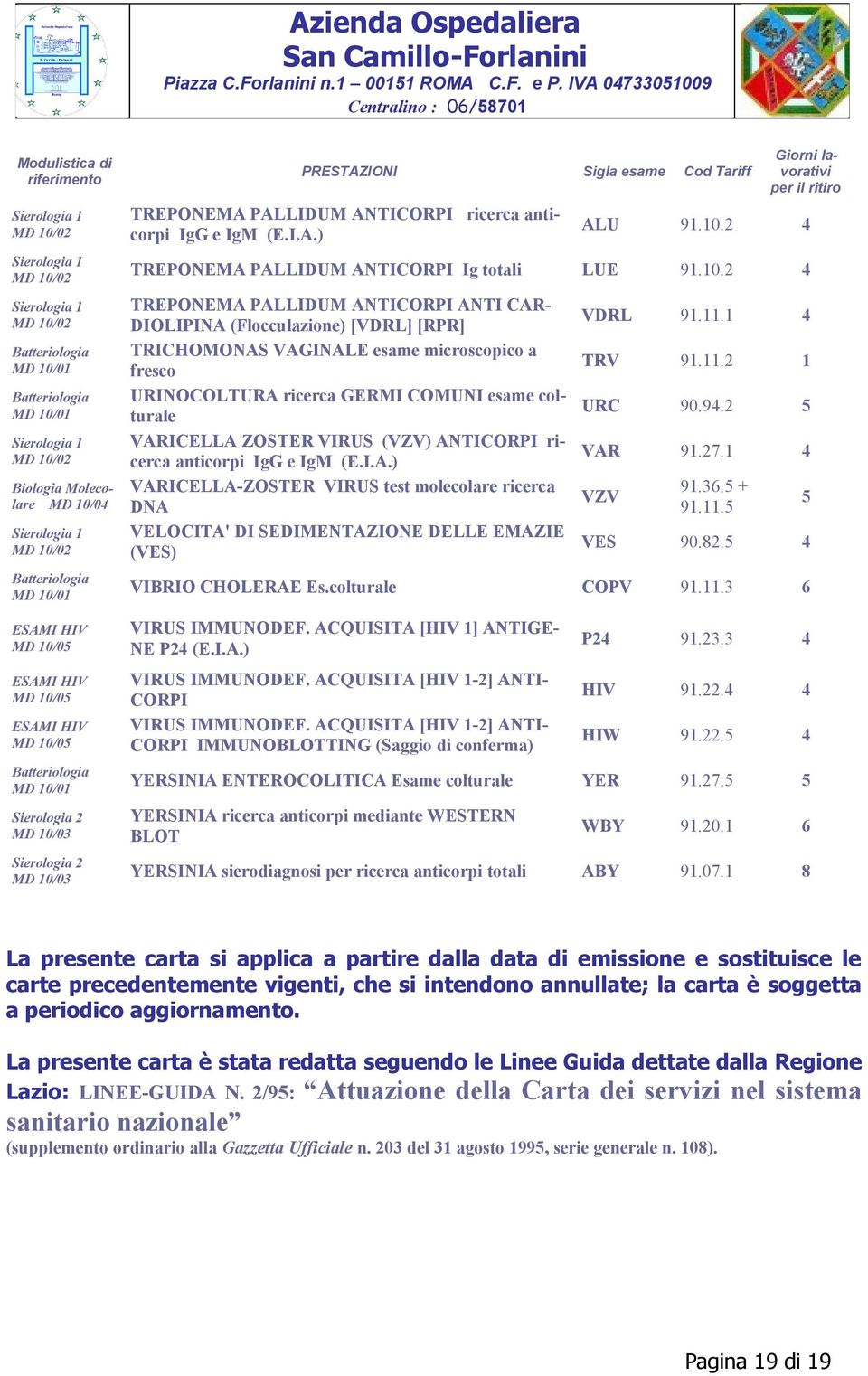 10.2 4 TREPONEMA PALLIDUM ANTICORPI Ig totali LUE 91.10.2 4 TREPONEMA PALLIDUM ANTICORPI ANTI CAR- DIOLIPINA (Flocculazione) [VDRL] [RPR] TRICHOMONAS VAGINALE esame microscopico a fresco URINOCOLTURA