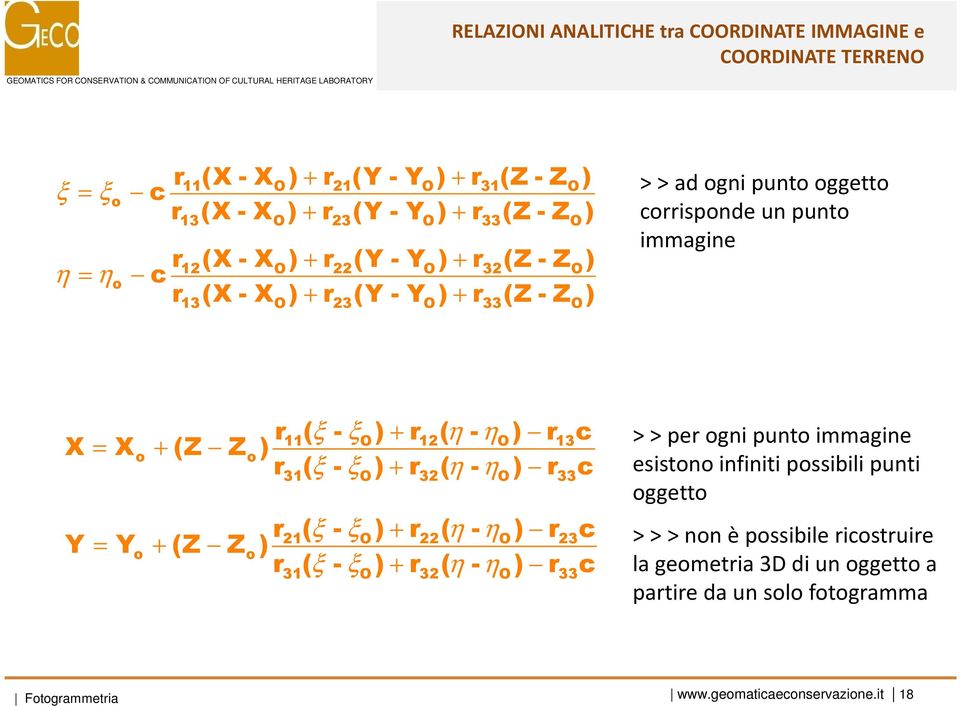 immagine r ( ξ - ξ ) + r ( η- η ) r c X 11 O 12 O 13 = X o + (Z Z ) o r ( 31 ξ - ξ ) r ( - ) r c O + 32 η ηo 33 r ( ξ - ξ ) + r ( η- η ) r c 21 O 22 O 23 Y = Y o + (Z Z o) r 31 ( ξ - ξo ) + r 32 ( η