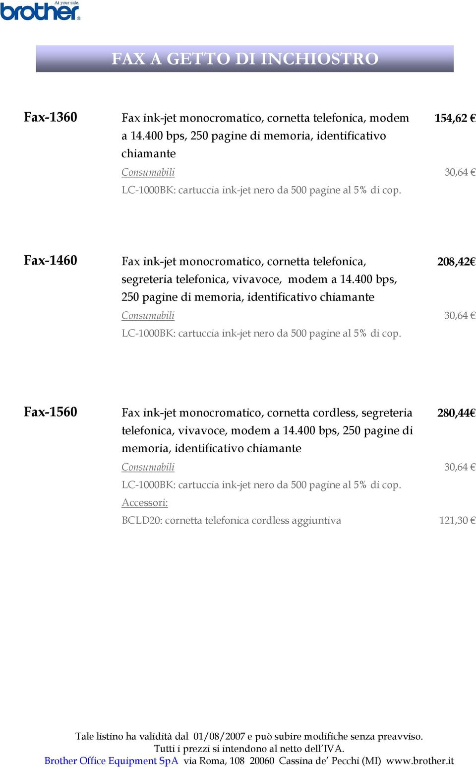 154,62 30,64 Fax-1460 Fax ink-jet monocromatico, cornetta telefonica, segreteria telefonica, vivavoce, modem a 14.