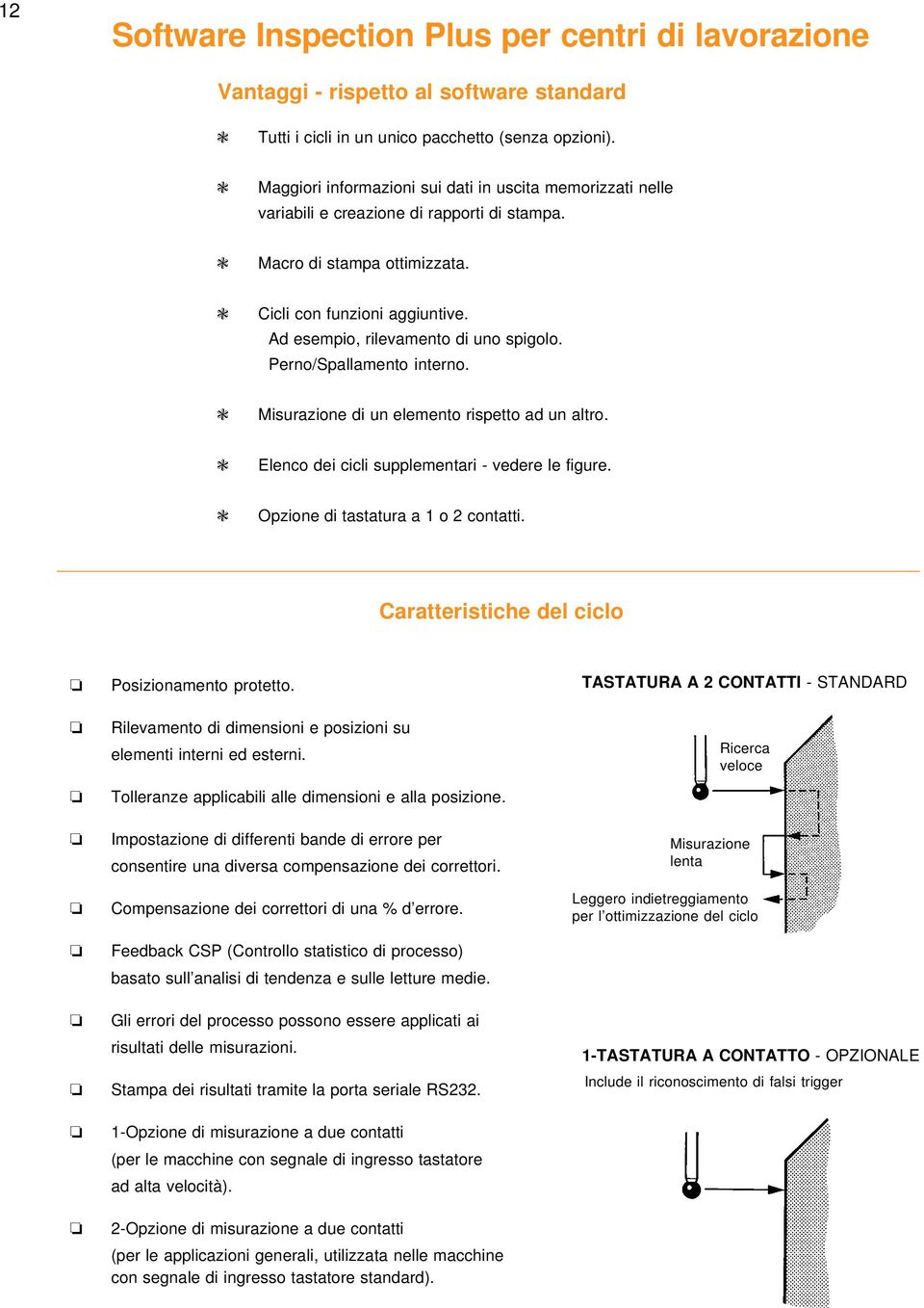 Ad esempio, rilevamento di uno spigolo. Perno/Spallamento interno. Misurazione di un elemento rispetto ad un altro. Elenco dei cicli supplementari - vedere le figure.