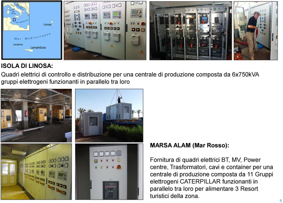 elettrici BT, MV, Power centre, Trasformatori, cavi e container per una centrale di produzione composta da