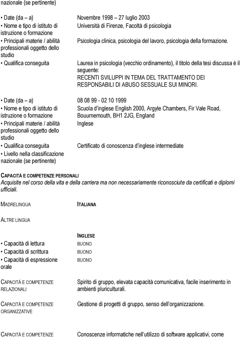 Date (da a) 08 08 99-02 10 1999 Nome e tipo di istituto di Scuola d inglese English 2000, Argyle Chambers, Fir Vale Road, Bouurnemouth, BH1 2JG, England Principali materie / abilità Inglese