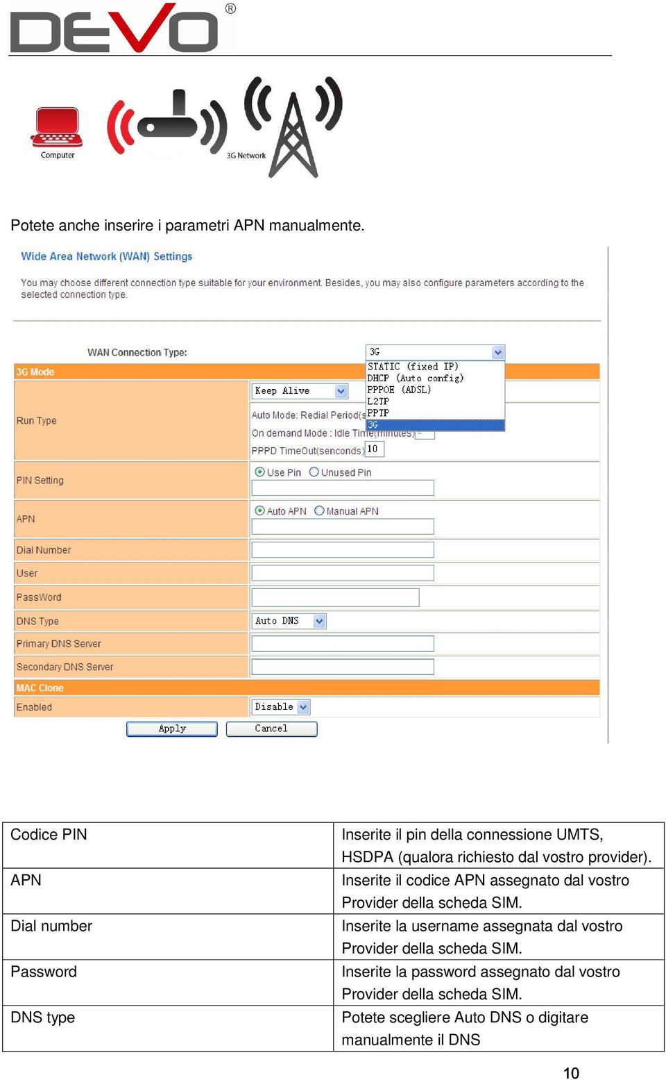 APN Inserite il codice APN assegnato dal vostro Provider della scheda SIM.