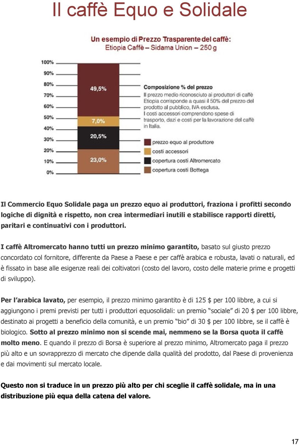 I caffè Altromercato hanno tutti un prezzo minimo garantito, basato sul giusto prezzo concordato col fornitore, differente da Paese a Paese e per caffè arabica e robusta, lavati o naturali, ed è