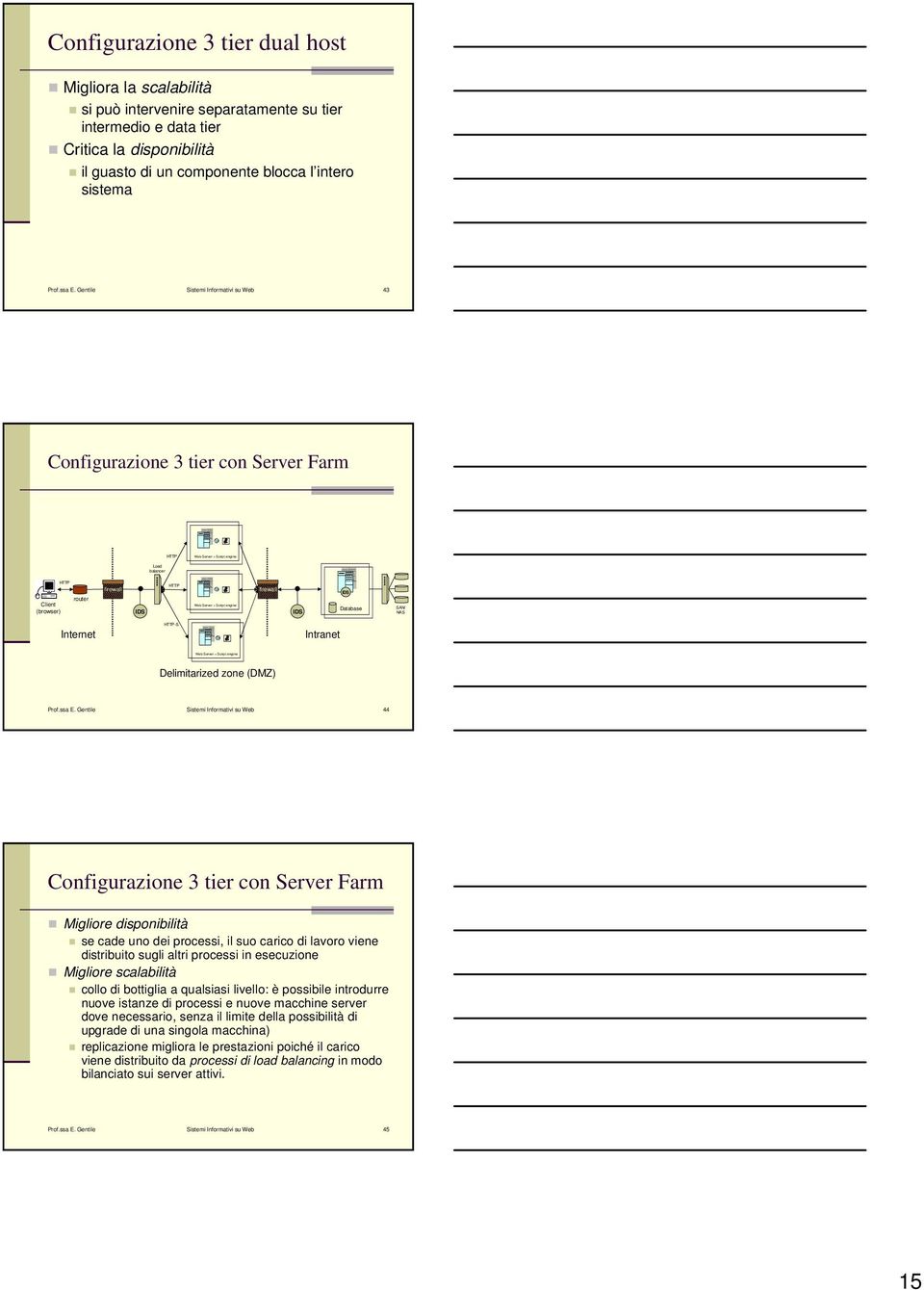 Gentile Sistemi Informativi su Web 43 Configurazione 3 tier con Server Farm Web Server + Script engine Load balancer router Client (browser) firewall Web Server + Script engine firewall Database SAN/