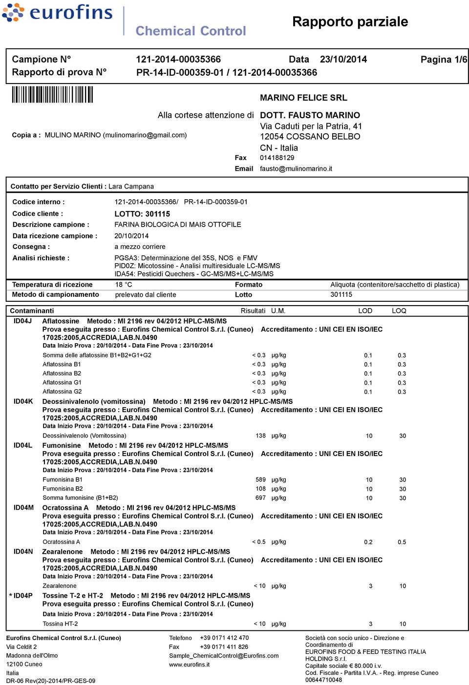 DI MAIS OTTOFILE Data ricezione campione : 20/10/2014 Consegna : Analisi richieste : a mezzo corriere PGSA3: Determinazione del 35S, NOS e FMV PID0Z: Micotossine - Analisi multiresiduale LC-MS/MS