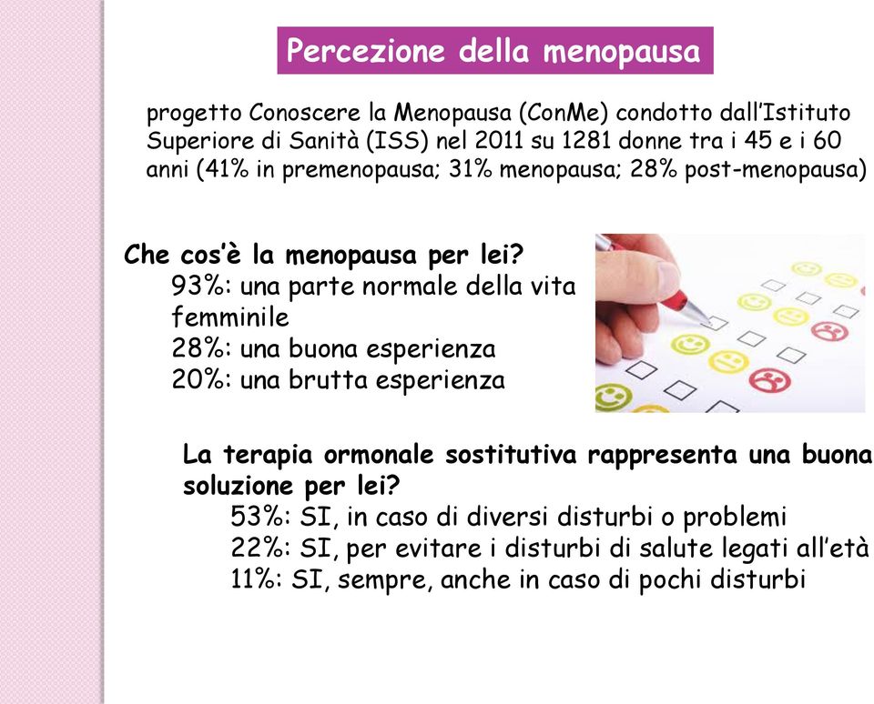 93%: una parte normale della vita femminile 28%: una buona esperienza 20%: una brutta esperienza La terapia ormonale sostitutiva rappresenta