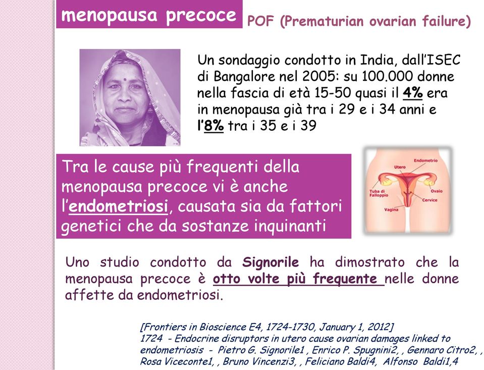 causata sia da fattori genetici che da sostanze inquinanti Uno studio condotto da Signorile ha dimostrato che la menopausa precoce è otto volte più frequente nelle donne affette da endometriosi.