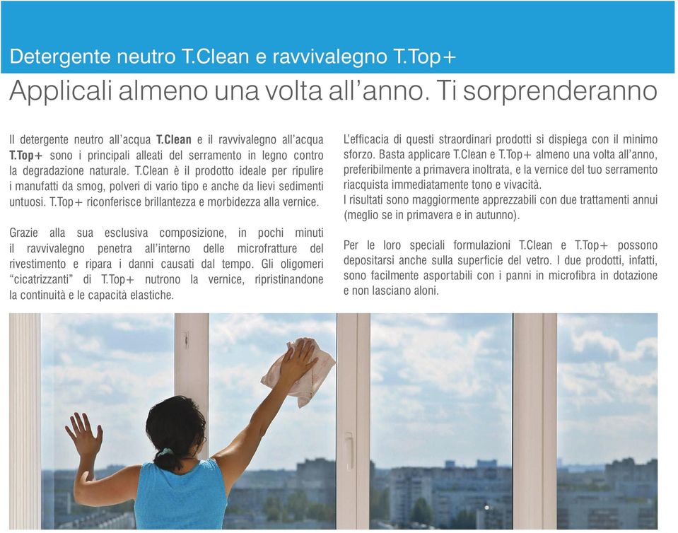 Clean è il prodotto ideale per ripulire i manufatti da smog, polveri di vario tipo e anche da lievi sedimenti untuosi. T.Top+ riconferisce brillantezza e morbidezza alla vernice.