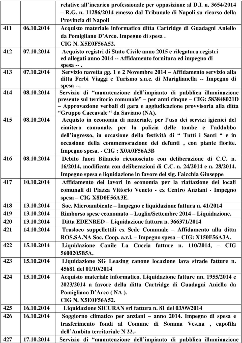 2014 Acquisto registri di Stato Civile anno 2015 e rilegatura registri ed allegati anno 2014 -- Affidamento fornitura ed impegno di spesa --. 413 07.10.2014 Servizio navetta gg.