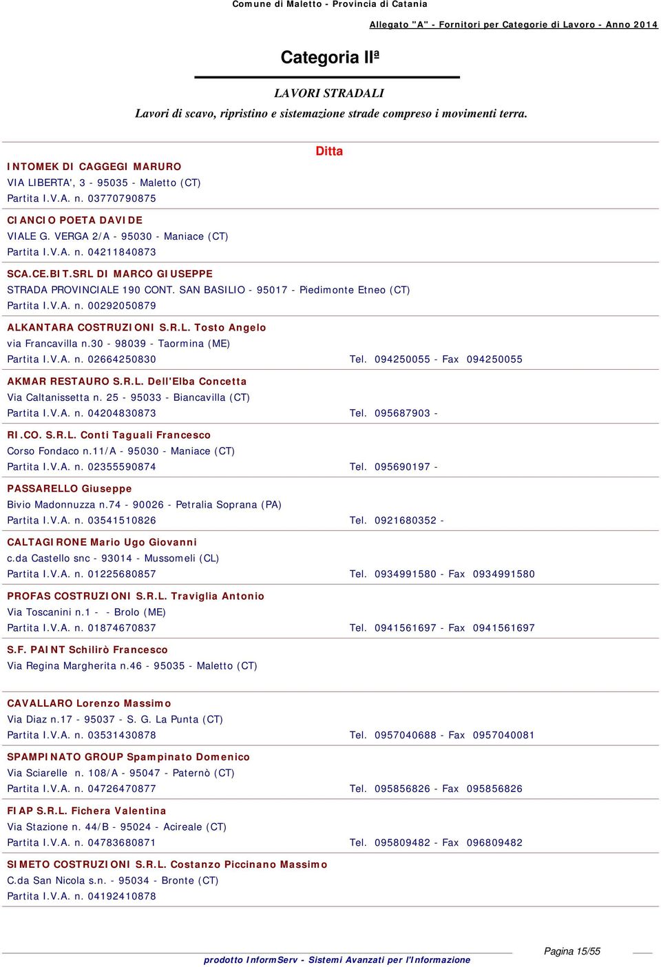 SRL DI MARCO GIUSEPPE STRADA PROVINCIALE 190 CONT. SAN BASILIO - 95017 - Piedimonte Etneo (CT) Partita I.V.A. n. 00292050879 ALKANTARA COSTRUZIONI S.R.L. Tosto Angelo via Francavilla n.