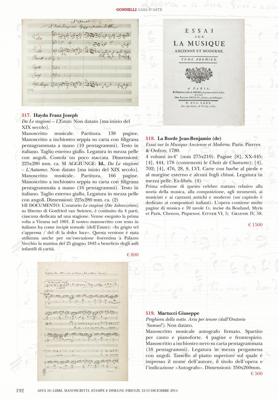 Dimensioni: 225x280 mm. ca. SI AGGIUNGE: Id., Da Le stagioni L Autunno. Non datato [ma inizio del XIX secolo]. Manoscritto musicale. Partitura. 166 pagine.