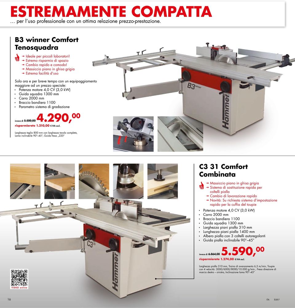 Massiccio piano in ghisa grigia Estrema facilità d uso Solo ora e per breve tempo con un equipaggiamento maggiore ad un prezzo speciale: Potenza motore 4,0 CV (3,0 kw) Guida squadra 1300 mm Carro