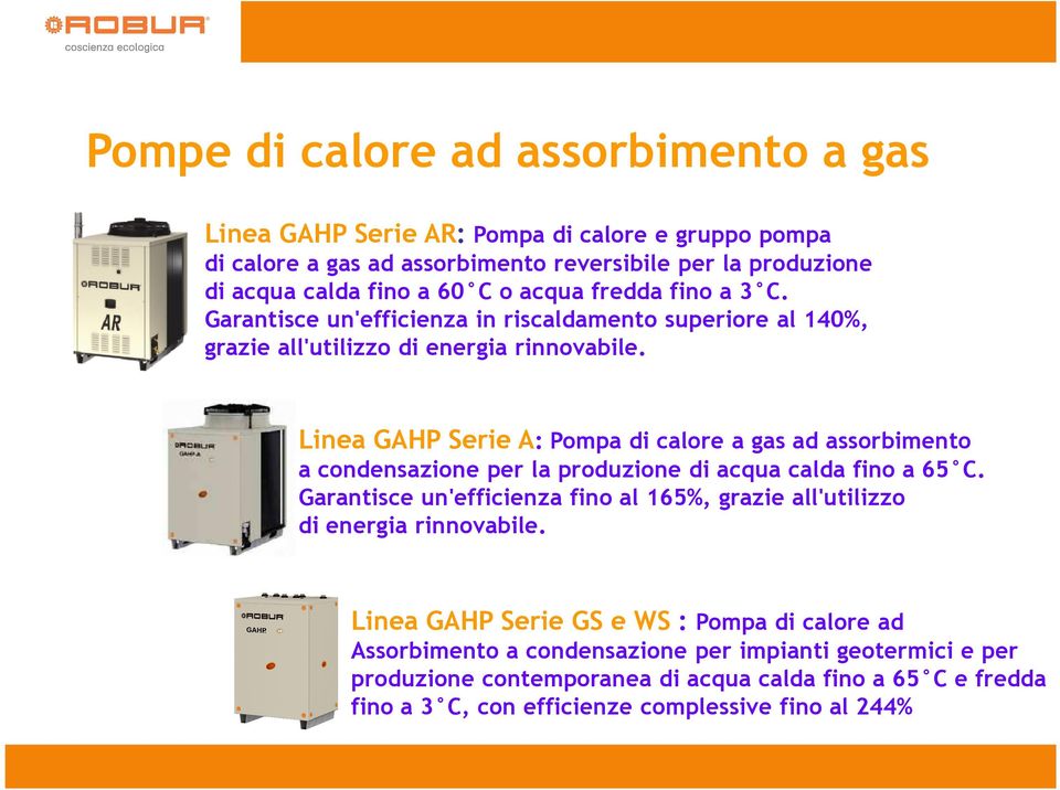 Linea GAHP Serie A: Pompa di calore a gas ad assorbimento a condensazione per la produzione di acqua calda fino a 65 C.