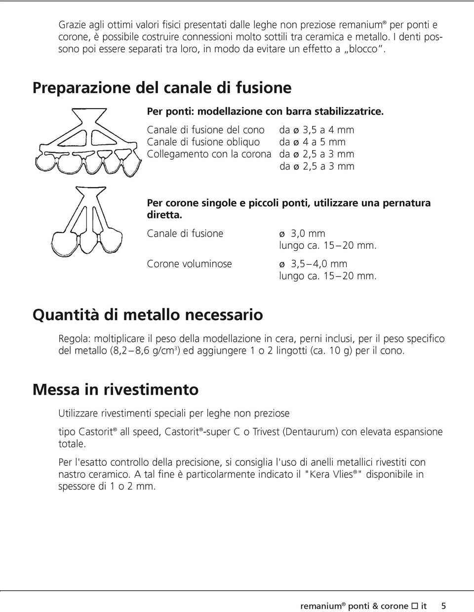 Canale di fusione del cono da ø 3,5 a 4 mm Canale di fusione obliquo da ø 4 a 5 mm Collegamento con la corona da ø 2,5 a 3 mm da ø 2,5 a 3 mm Per corone singole e piccoli ponti, utilizzare una