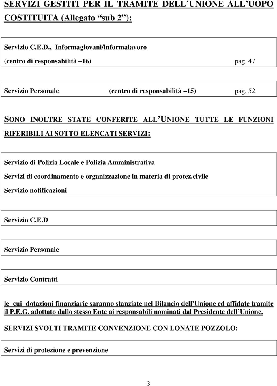 52 SONO INOLTRE STATE CONFERITE ALL UNIONE TUTTE LE FUNZIONI RIFERIBILI AI SOTTO ELENCATI SERVIZI: Servizio di Polizia Locale e Polizia Amministrativa Servizi di coordinamento e organizzazione in