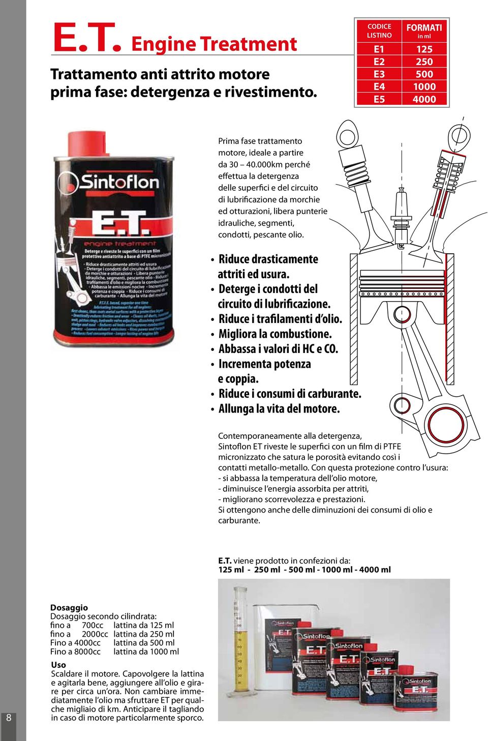 Riduce drasticamente attriti ed usura. Deterge i condotti del circuito di lubrificazione. Riduce i trafilamenti d olio. Migliora la combustione. Abbassa i valori di HC e CO.