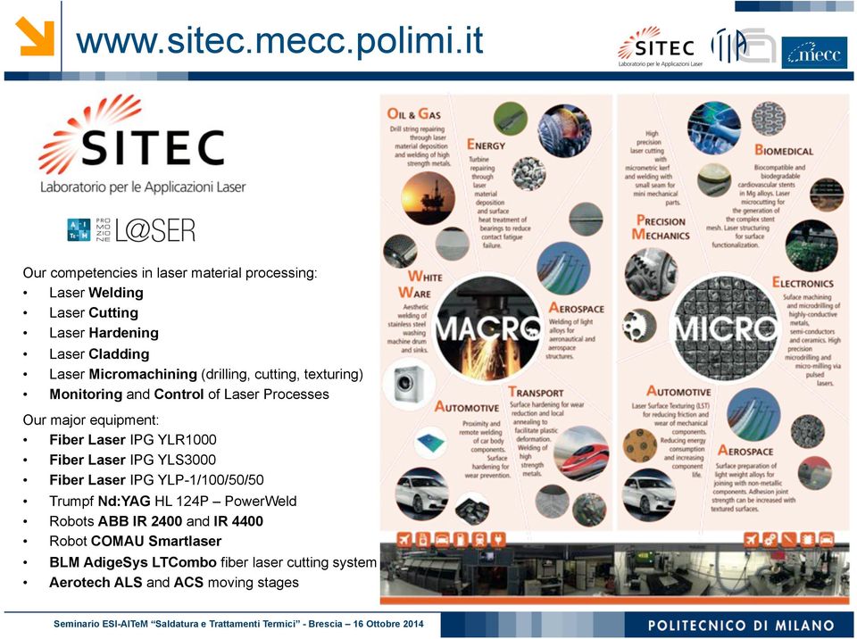 Micromachining (drilling, cutting, texturing) Monitoring and Control of Laser Processes Our major equipment: Fiber Laser