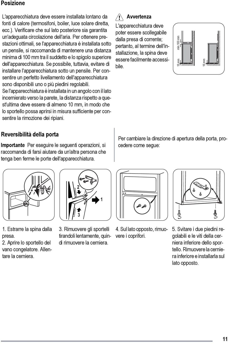 Per ottenere prestazioni ottimali, se l'apparecchiatura è installata sotto un pensile, si raccomanda di mantenere una distanza minima di 100 mm tra il suddetto e lo spigolo superiore