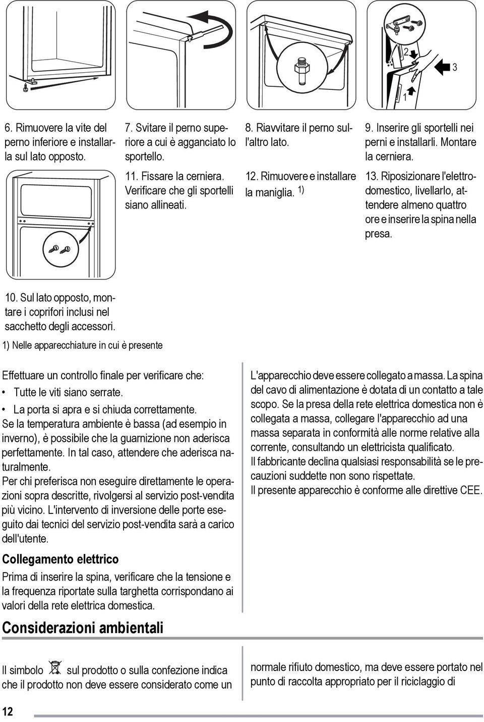 13. Riposizionare l'elettrodomestico, livellarlo, attendere almeno quattro ore e inserire la spina nella presa. 10. Sul lato opposto, montare i coprifori inclusi nel sacchetto degli accessori.