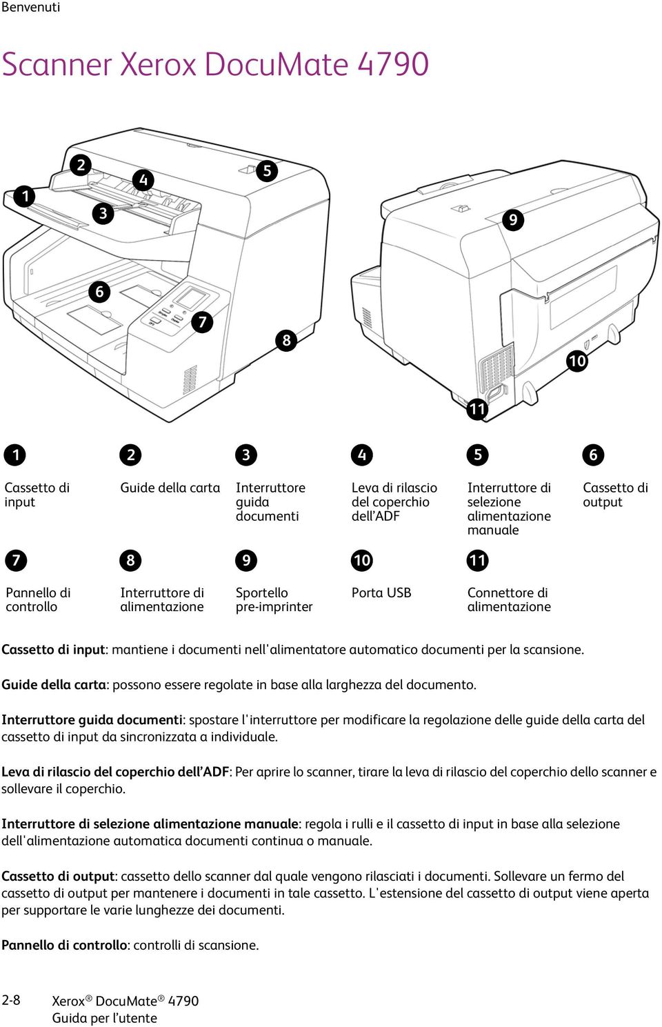 mantiene i documenti nell'alimentatore automatico documenti per la scansione. Guide della carta: possono essere regolate in base alla larghezza del documento.