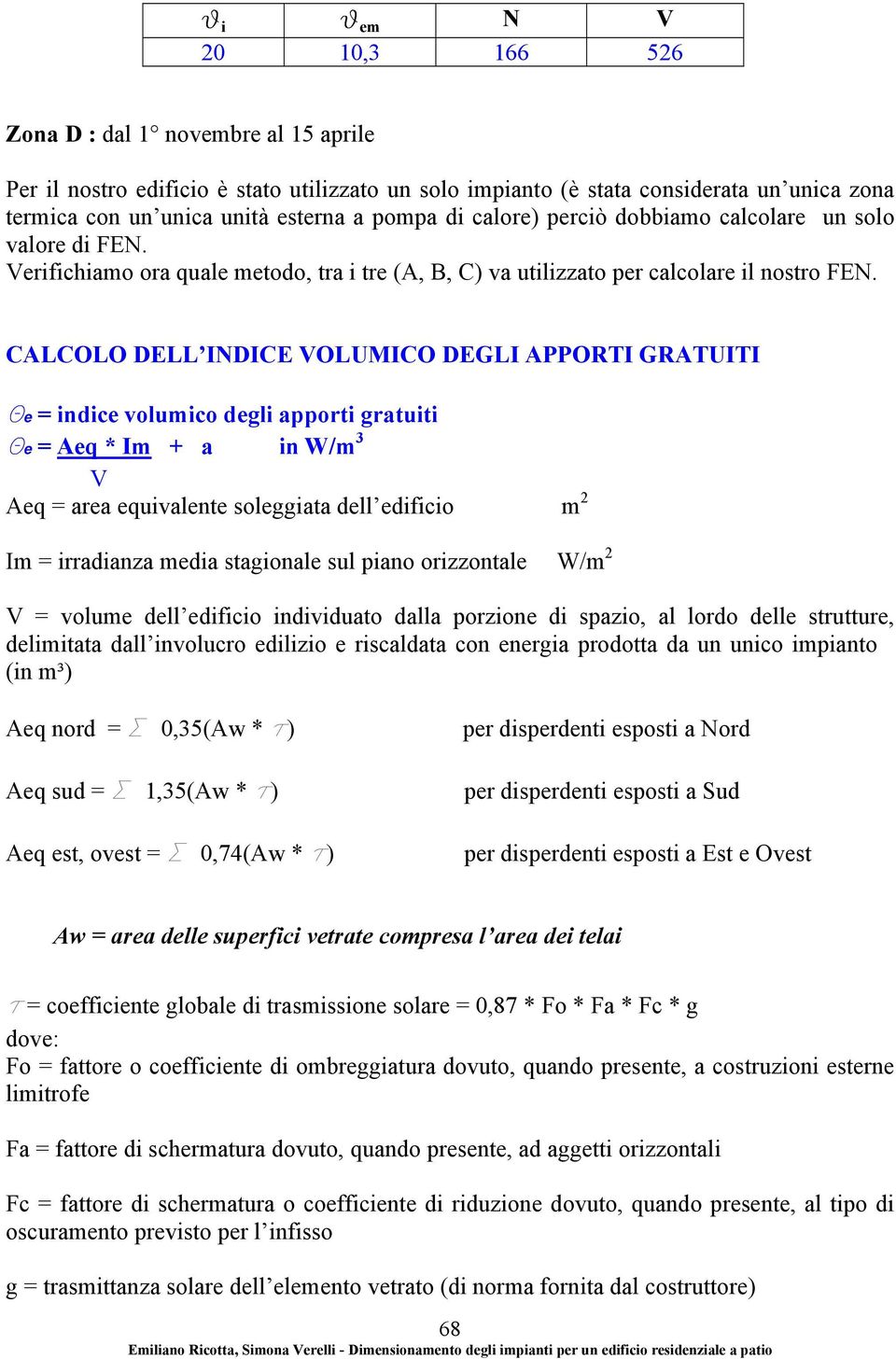 CALCOLO DELL INDICE VOLUMICO DEGLI APPORTI GRATUITI Qe = indice volumico degli apporti gratuiti Qe = Aeq * Im + a in W/m 3 V Aeq = area equivalente soleggiata dell edificio m 2 Im = irradianza media