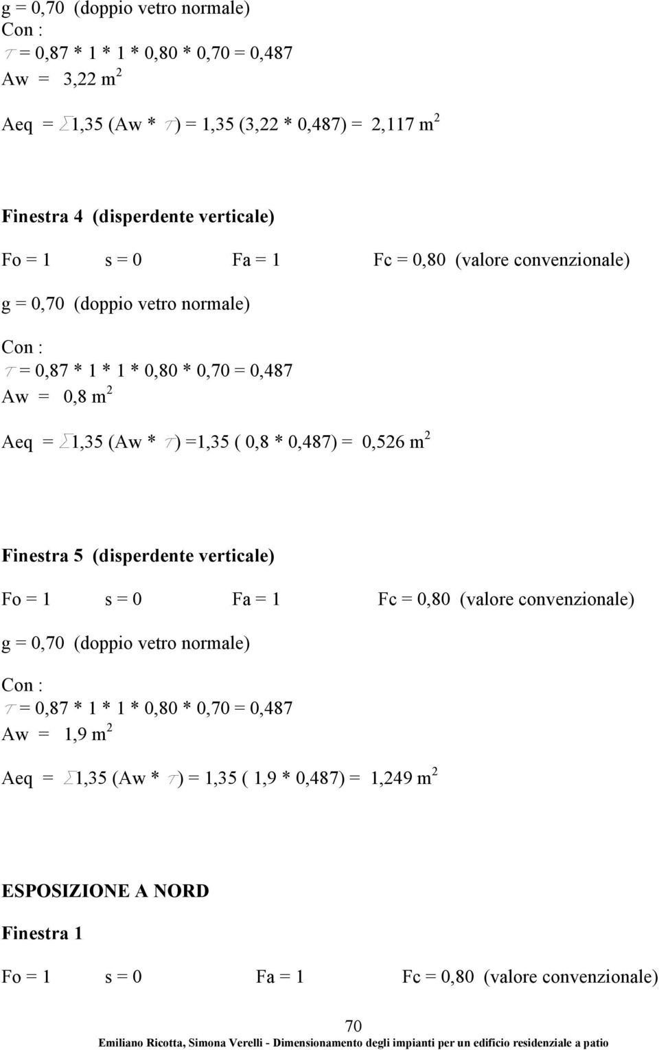 =1,35 ( 0,8 * 0,487) = 0,526 m 2 Finestra 5 (disperdente verticale) g = 0,70 (doppio vetro normale)