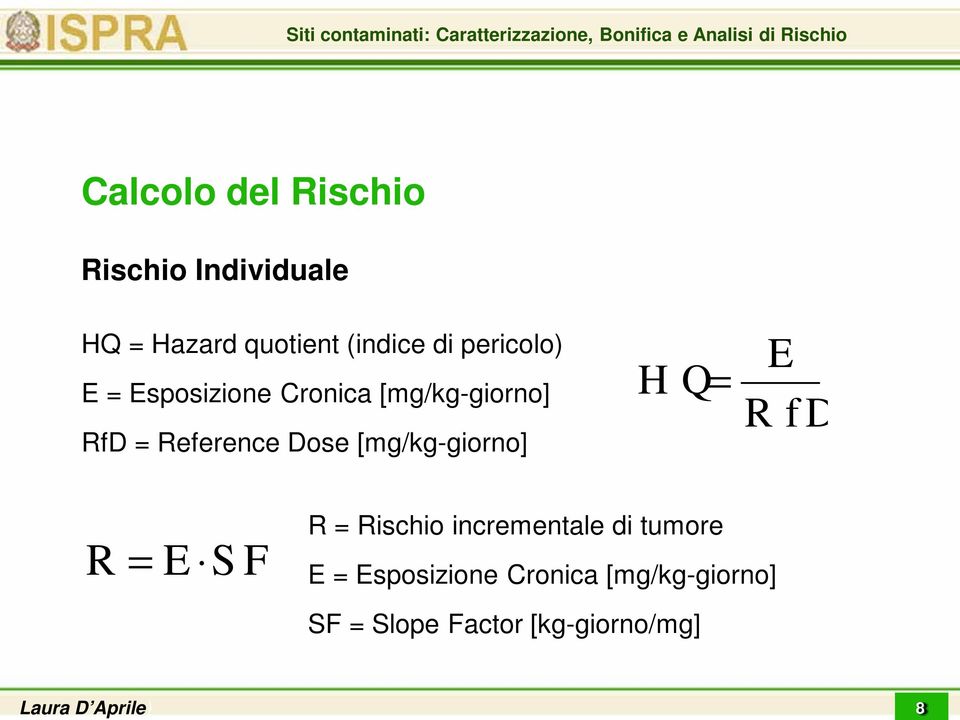 [mg/kg-giorno] HQ= E R fd R = E SF R = Rischio incrementale di tumore E