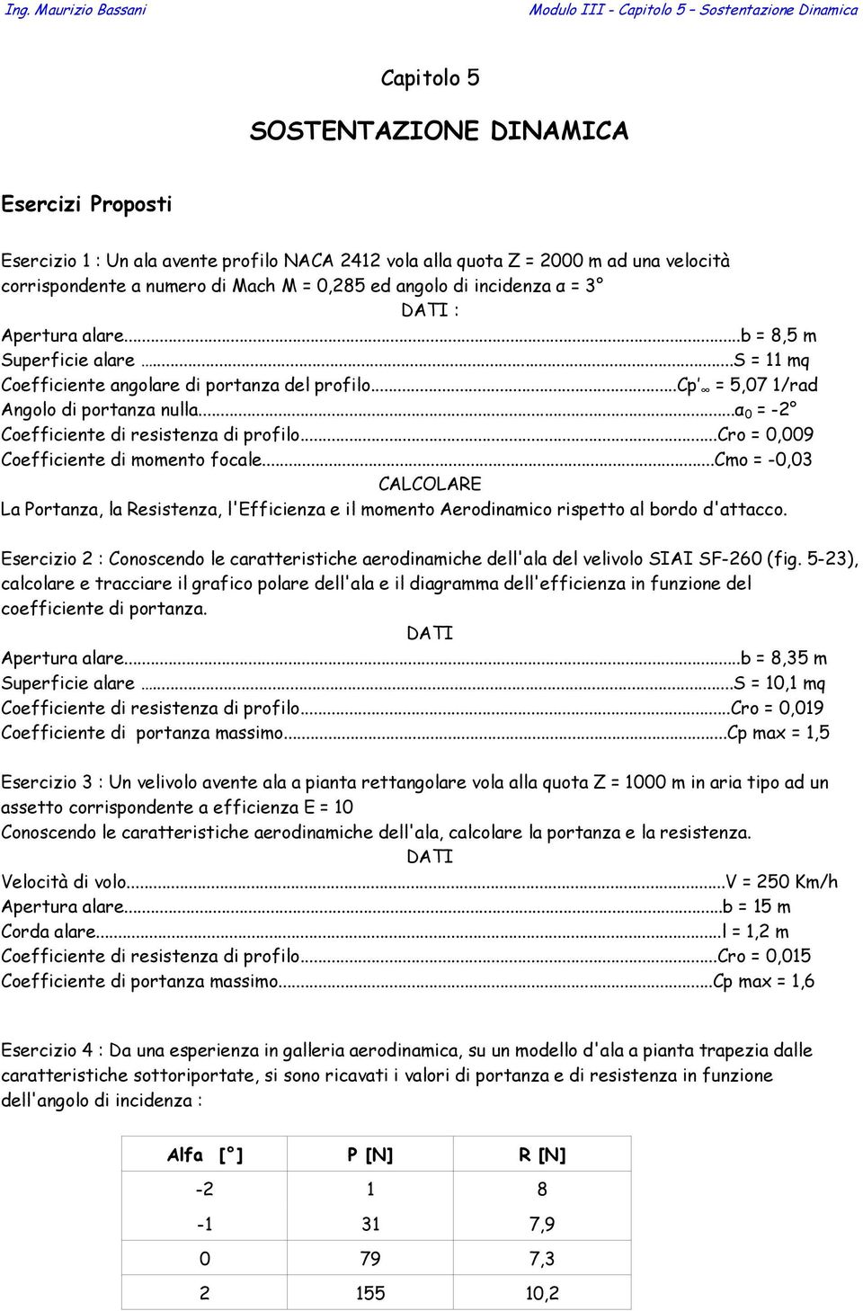 ..α = - Coefficiente di resistenza di profilo...cro =,9 Coefficiente di momento focale.