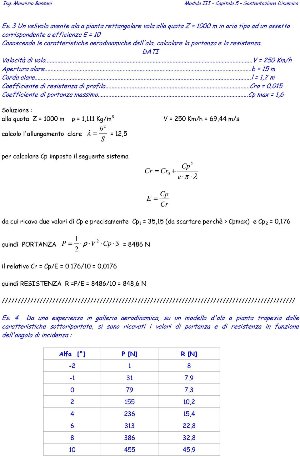 portanza e la resistenza. DATI Velocità di volo...v = 5 Km/h Apertura alare...b = 5 m Corda alare...l =, m Coefficiente di resistenza di profilo...cro =,5 Coefficiente di portanza massimo.