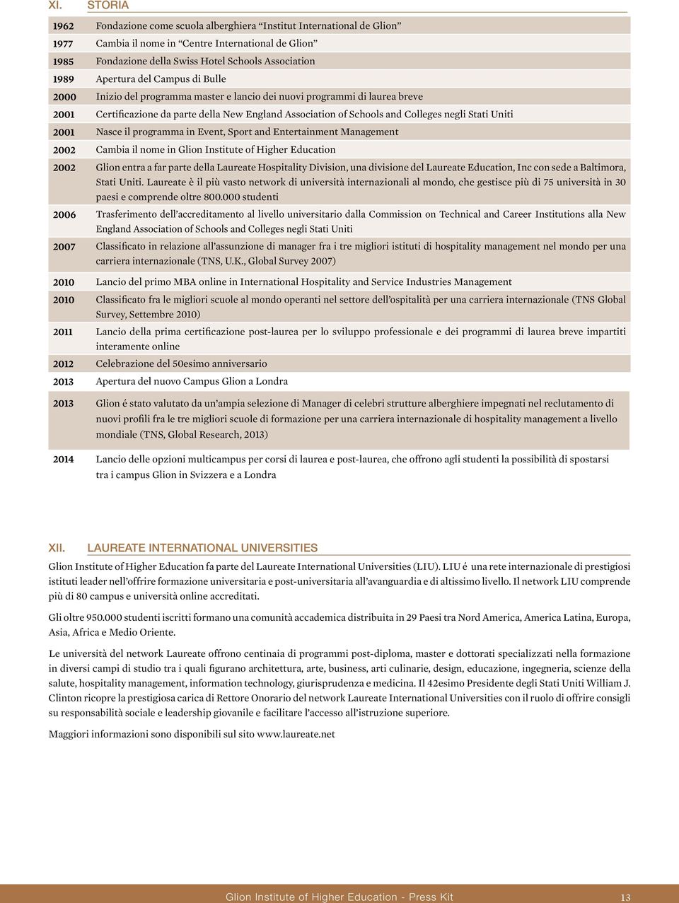 Stati Uniti 2001 Nasce il programma in Event, Sport and Entertainment Management 2002 Cambia il nome in Glion Institute of Higher Education 2002 Glion entra a far parte della Laureate Hospitality