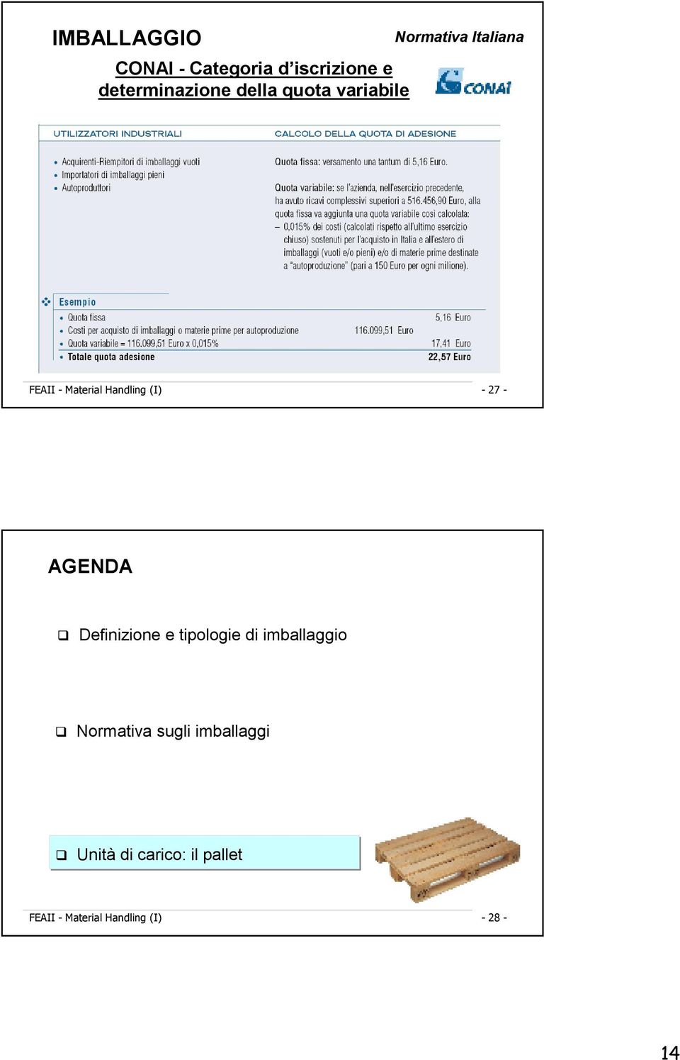 27 - AGENDA Definizione e tipologie di imballaggio Normativa sugli