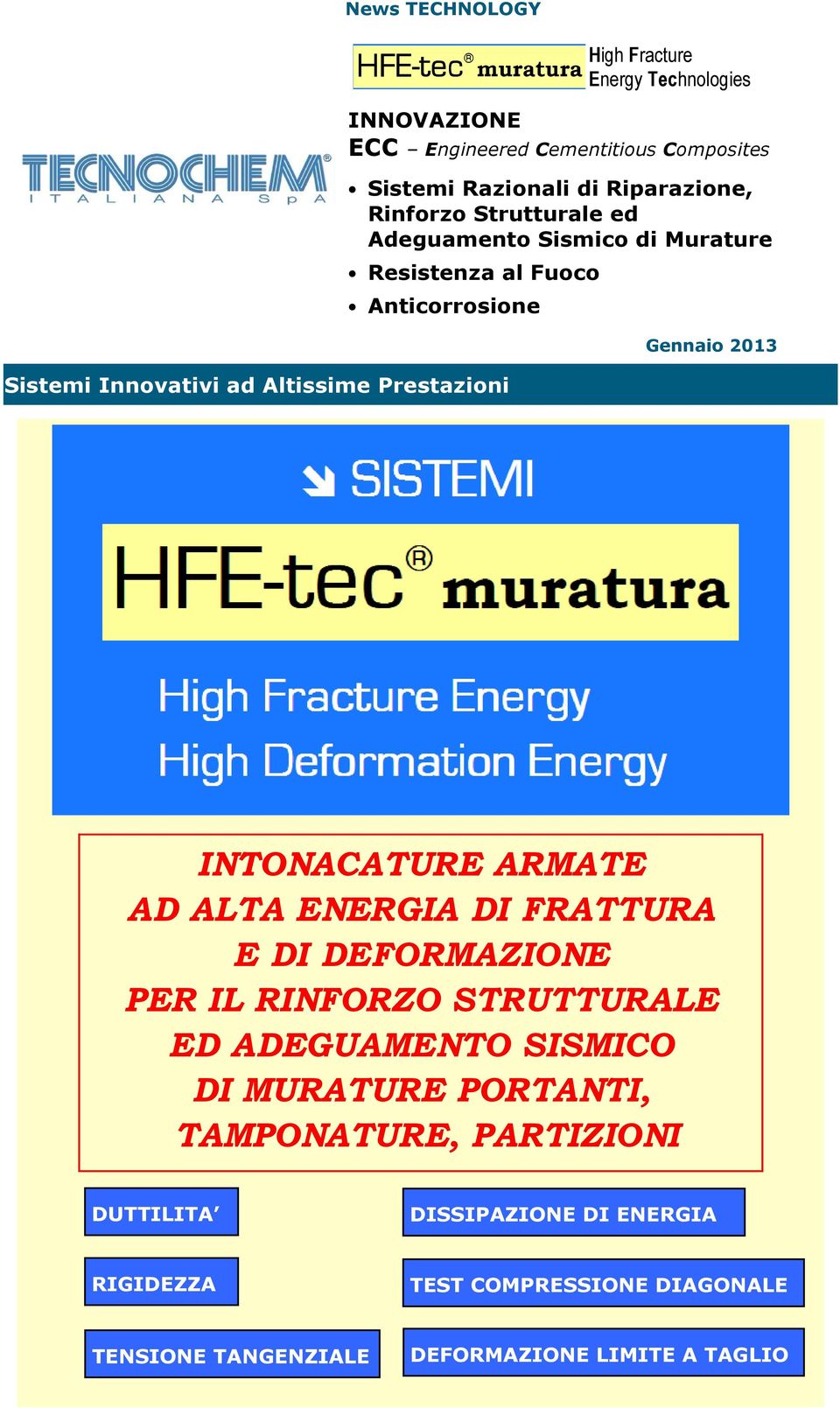 Gennaio 2013 INTONACATURE ARMATE AD ALTA ENERGIA DI FRATTURA E DI DEFORMAZIONE PER IL RINFORZO STRUTTURALE ED ADEGUAMENTO SISMICO DI MURATURE