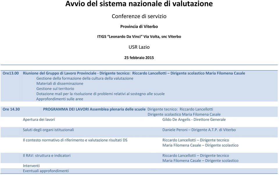 DEI LAVORI Assemblea plenaria delle scuole Dirigente tecnico: Riccardo Lancellotti Dirigente scolastico Maria Filomena Casale Daniele Peroni