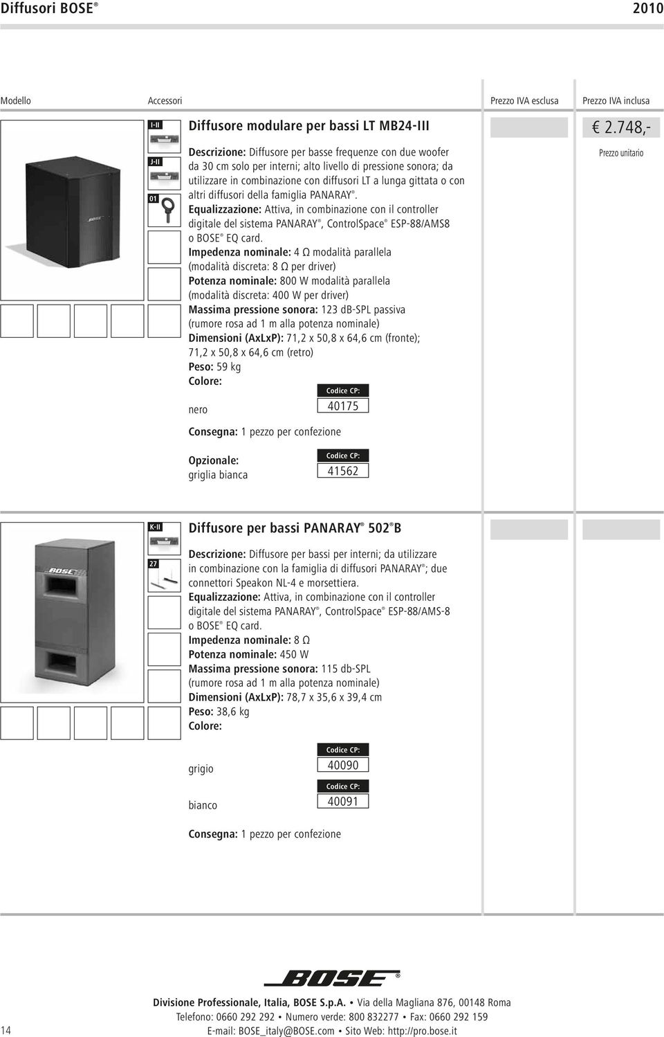 con altri diffusori della famiglia PANARAY. Equalizzazione: Attiva, in combinazione con il controller digitale del sistema PANARAY, ControlSpace ESP-88/AMS8 o BOSE EQ card.