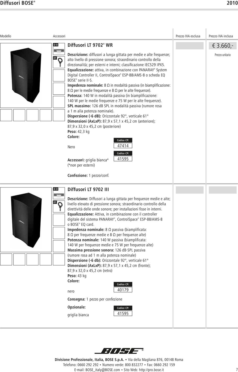 IEC529 IPX5. Equalizzazione: attiva, in combinazione con PANARAY System Digital Controller II, ControlSpace ESP-88/AMS-8 o scheda EQ BOSE serie II-S.