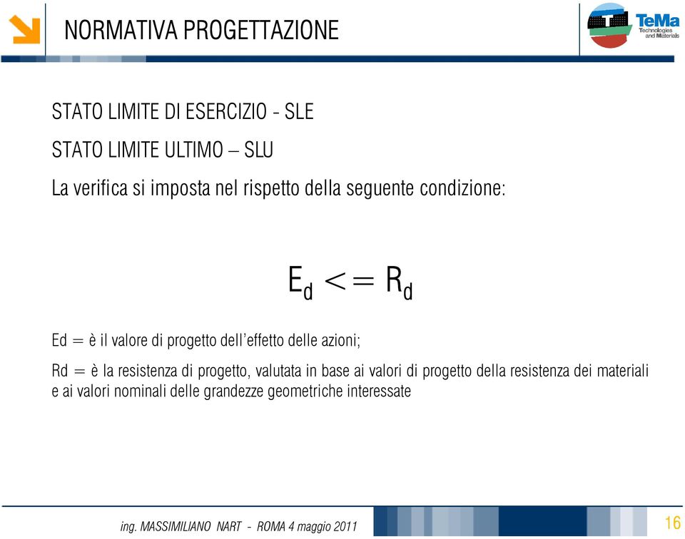 azioni; Rd = è la resistenza di progetto, valutata in base ai valori di progetto della resistenza dei